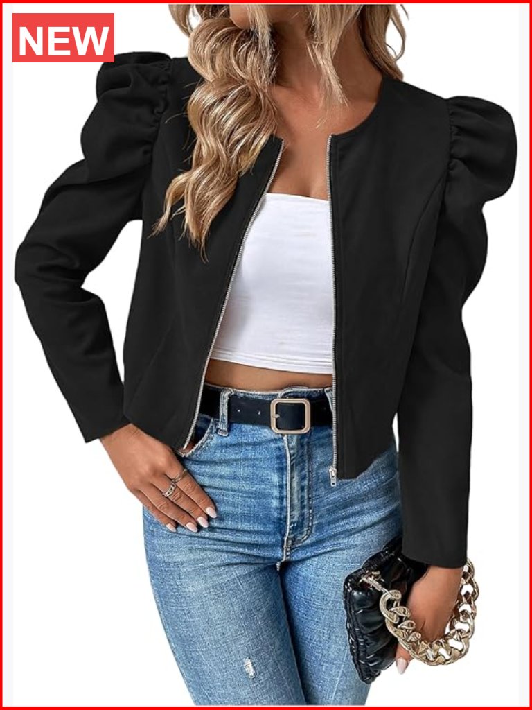 Puff Sleeve Zip Up Cropped Jacket Lightweight Polyester Outerwear
